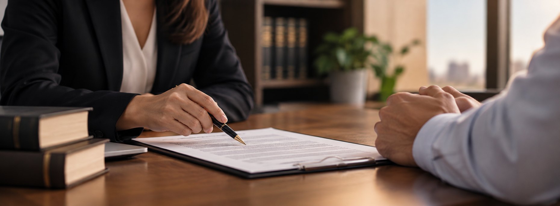 Advogada apontando uma clausula do contrato para o cliente na mesa de reuniao
