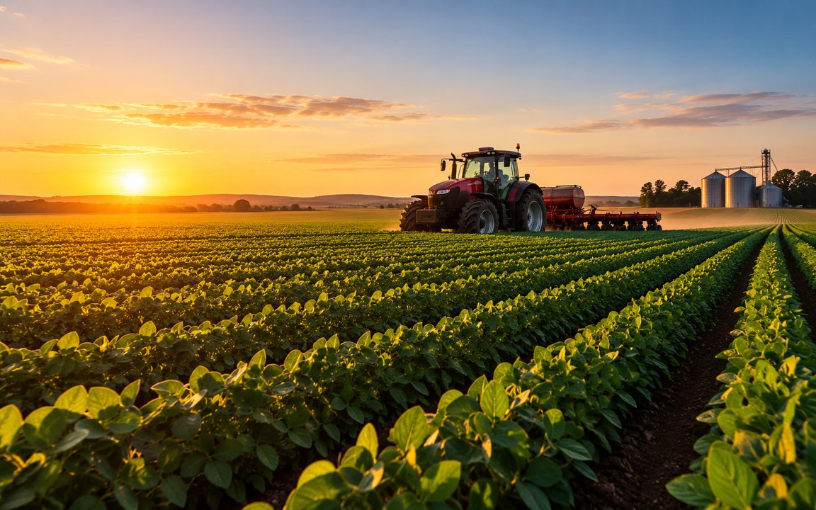 Lavoura com trator ao entardecer e silos ao fundo