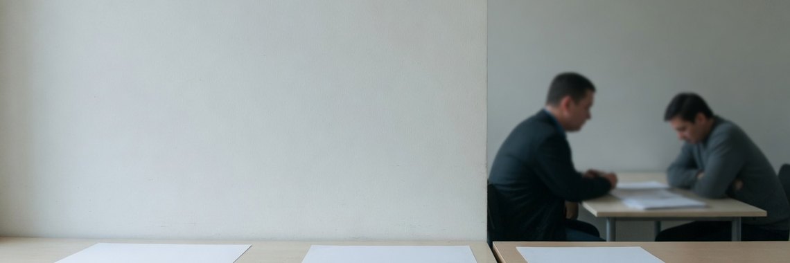 Duas pessoas conversando sobre documentos numa sala de atendimento