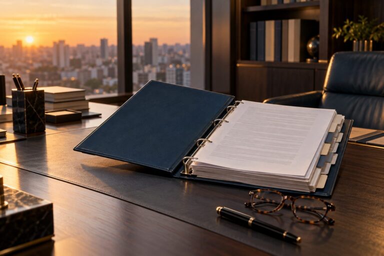 Fichário de documentos de uma rede de franquias aberto sobre a mesa de um escritório de advocacia em andar alto