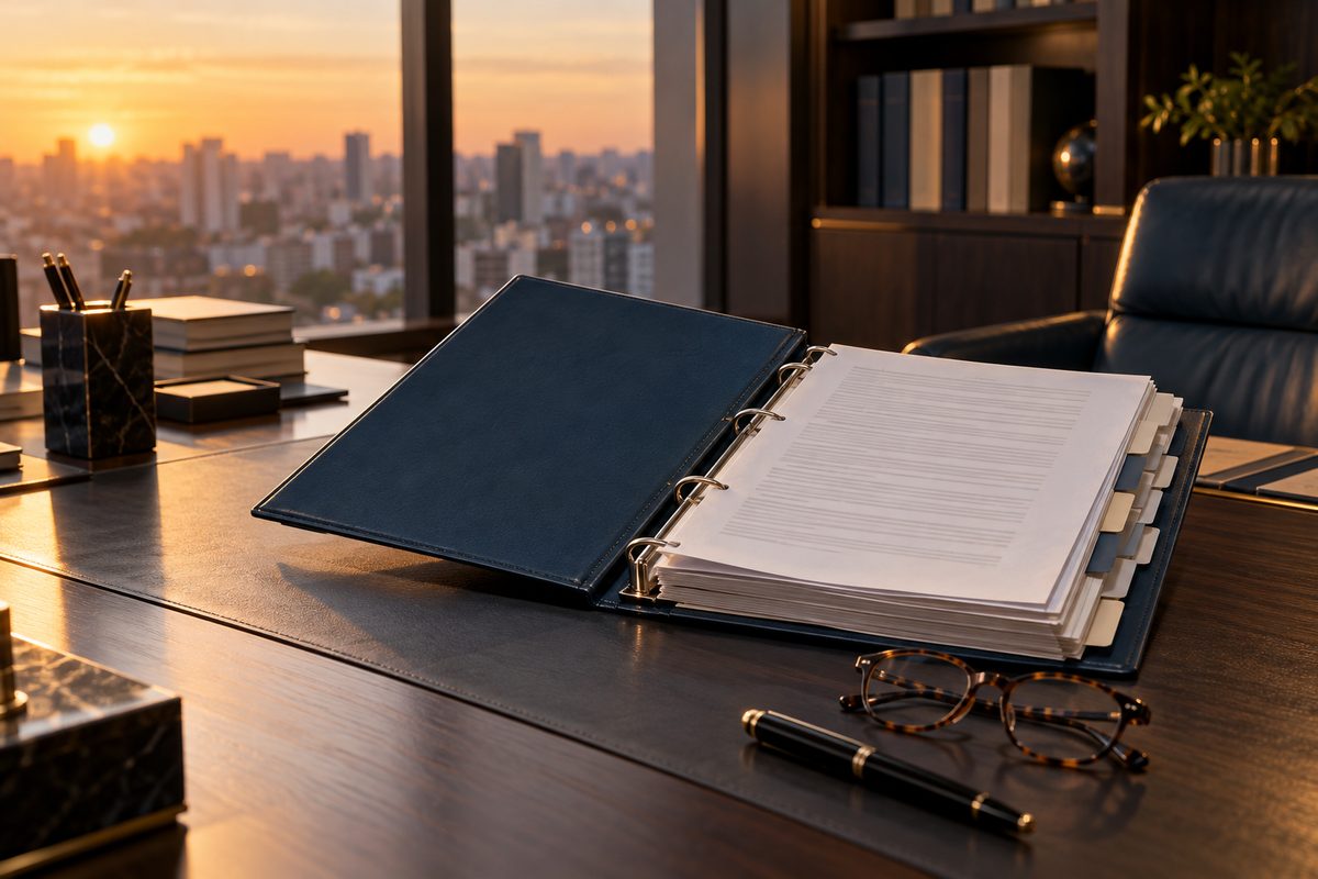 Fichário de documentos de uma rede de franquias aberto sobre a mesa de um escritório de advocacia em andar alto