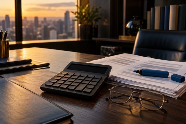 Calculadora e folhas de contrato bancário sobre a mesa de um escritório de advocacia empresarial