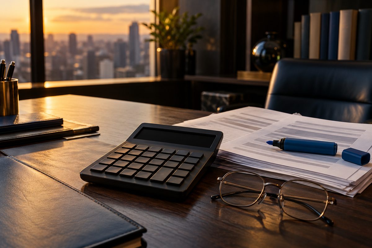 Calculadora e folhas de contrato bancário sobre a mesa de um escritório de advocacia empresarial